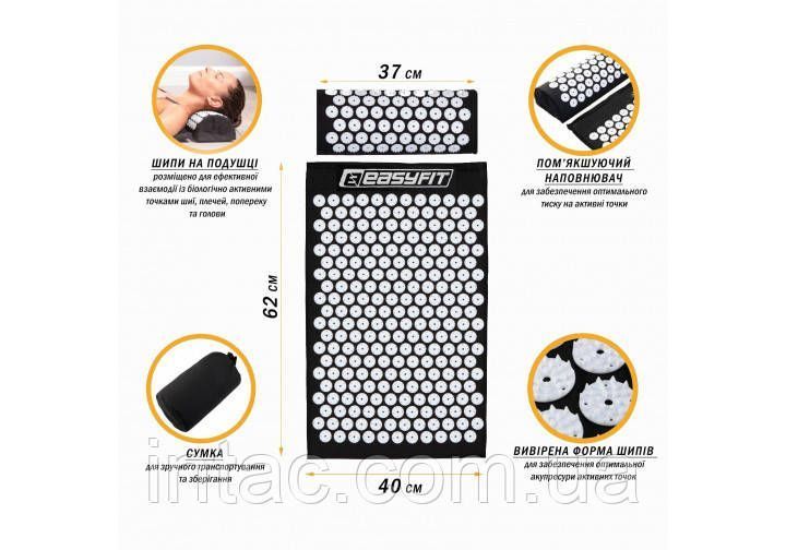 Массажный коврик Easyfit с подушкой (аппликатор Кузнецова) Черный с серым 2483 фото