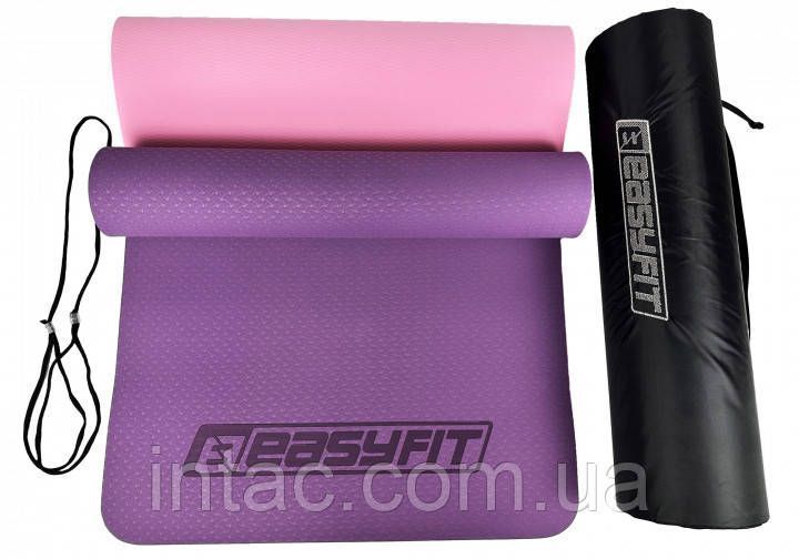 Коврик для йоги и фитнеса EasyFit TPE+TC 6 мм двухслойный + Чехол фиолетовый с розовый 8768 фото